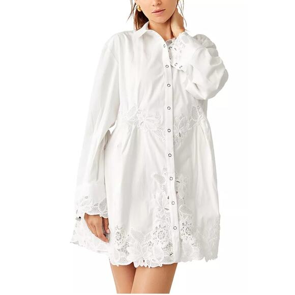 Free People Constance Mini Dress Embroidery Button-Up Long Sleeve Cotton White M - Picture 2 of 14